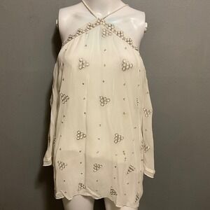 Raga Sheer Lined White Halter Cold Shoulder Embellished Tassels Tunic Top M